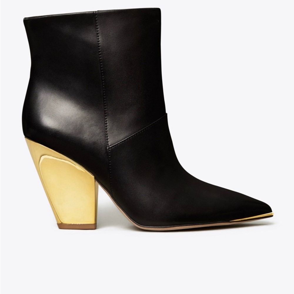 Tory Burch Lila Ankle Booties black leather gold heel Chelsea boot